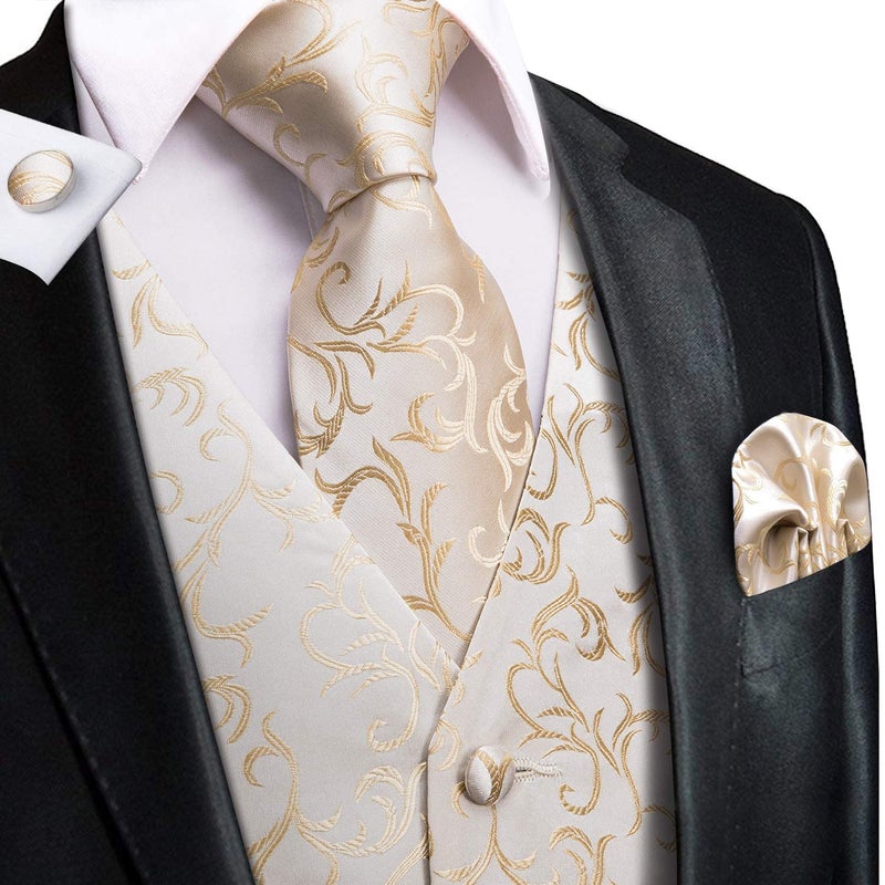 Hi-Tie Stylish Champagne Silk Floral Mens V-Neck Vest and Tie Jacquard Formal Dress Waistcoat for Tuxedo Wedding Party Business - Image 2